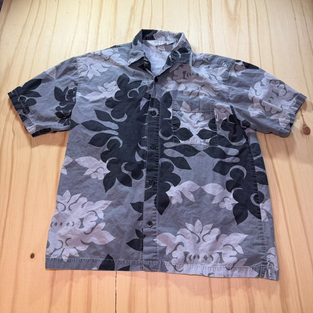Vintage No Fear Hawaiian Floral Button Up Shirt Mens Medium Summer Grey 90s